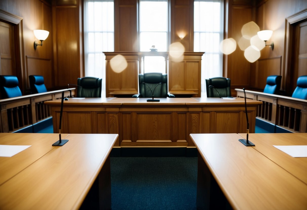 A courtroom with a judge's bench, defense table, and jury box