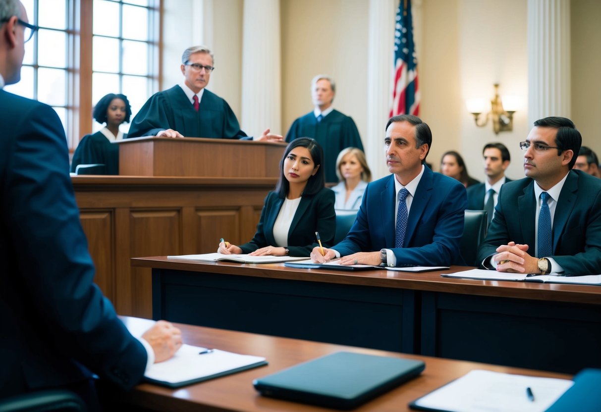 A courtroom scene with a judge presiding over a trial, lawyers presenting evidence, and a jury listening attentively