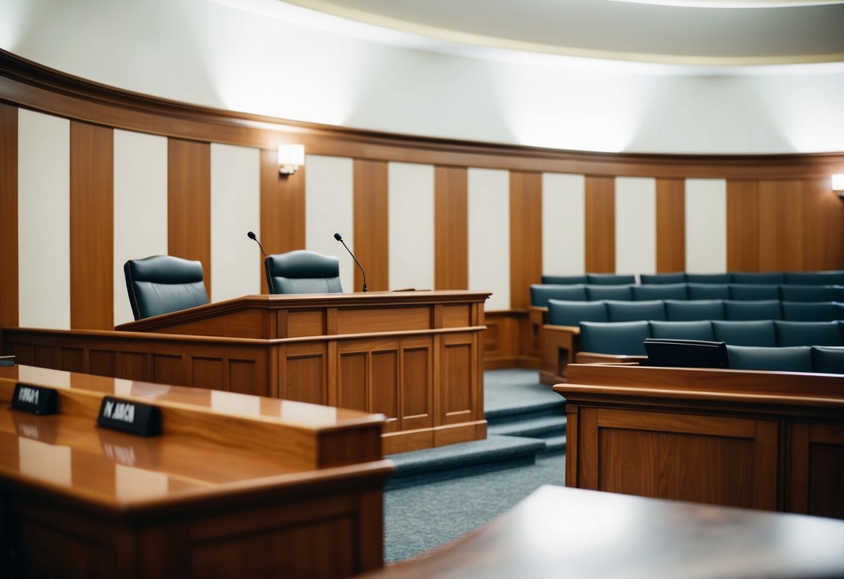 A courtroom with a judge's bench, witness stand, and jury box