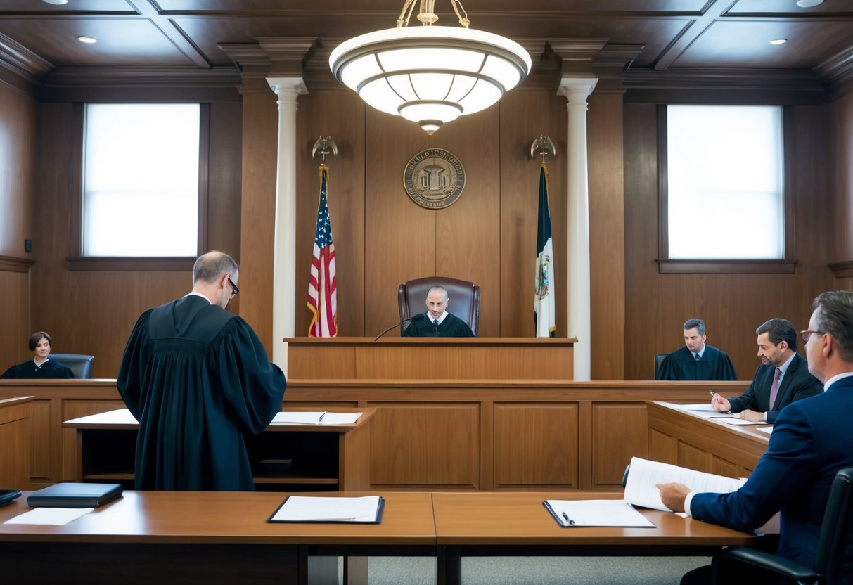 A courtroom with a judge's bench, witness stand, and jury box, with lawyers presenting arguments and referencing legal documents