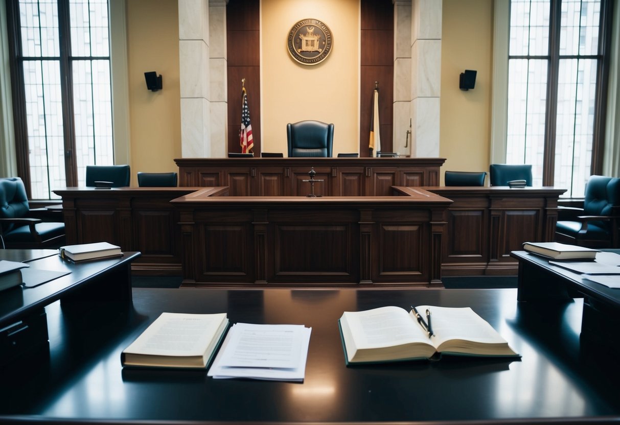 A courtroom with a judge's bench, jury box, and defense table, with legal books and documents scattered around