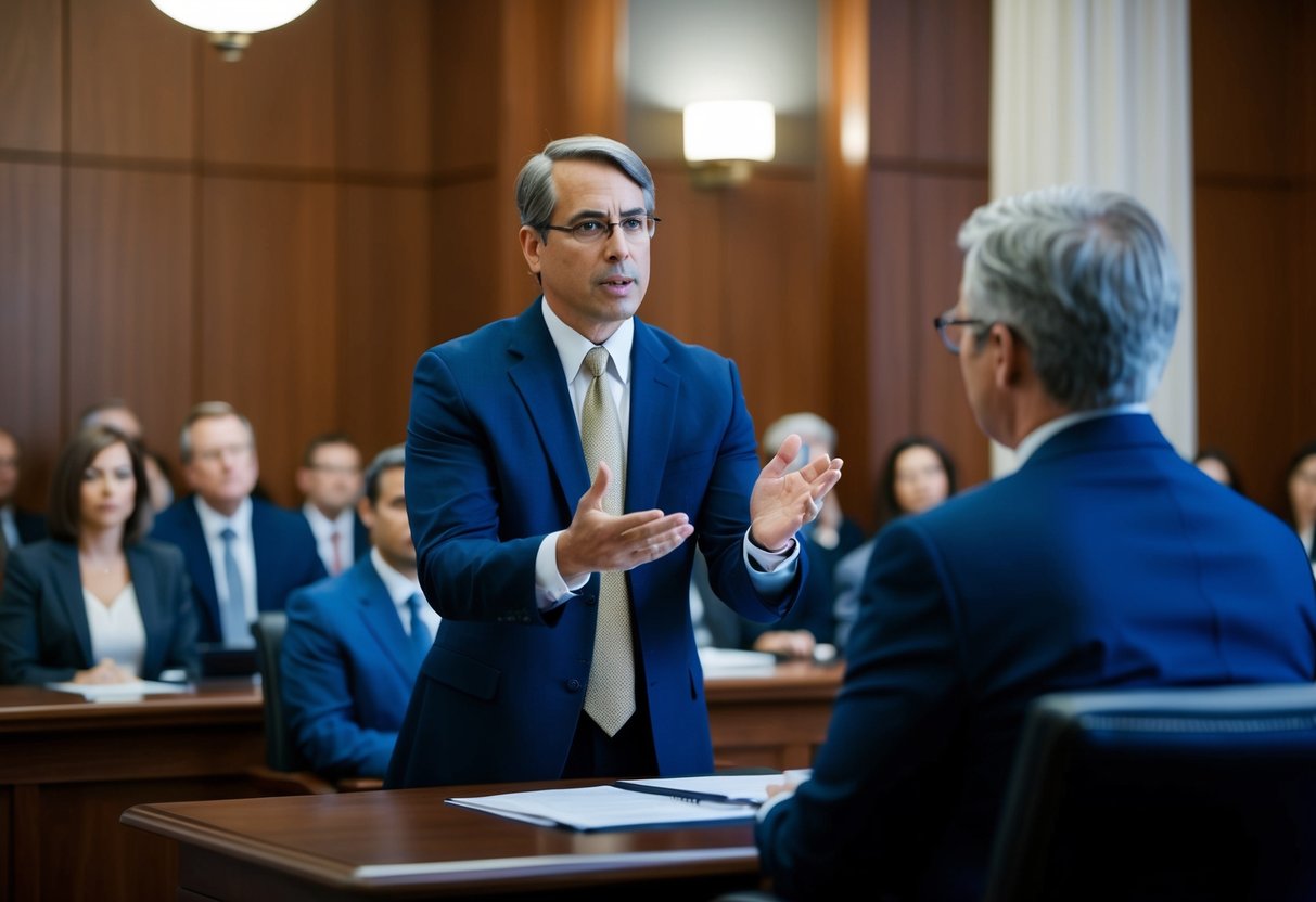 A courtroom with a lawyer presenting key defense techniques to a jury