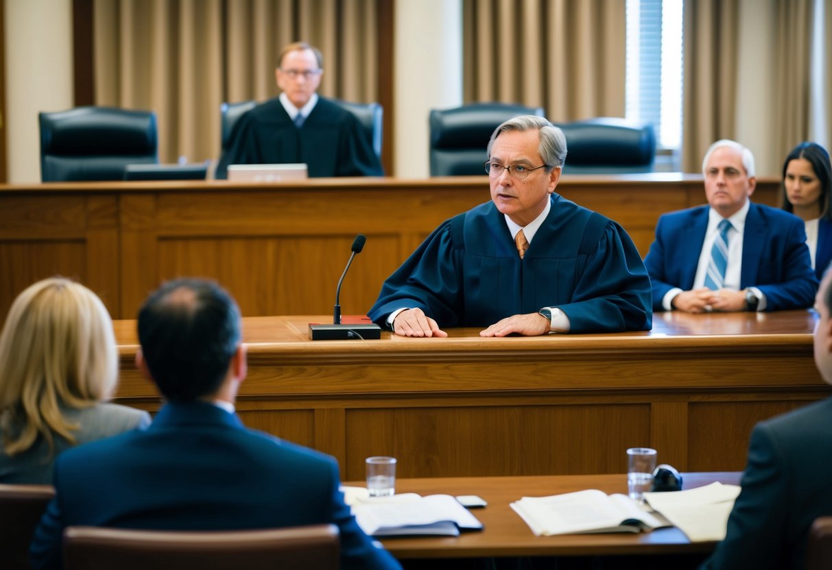 A courtroom with a judge presiding over a case involving criminal law and civil rights, with lawyers and defendants present