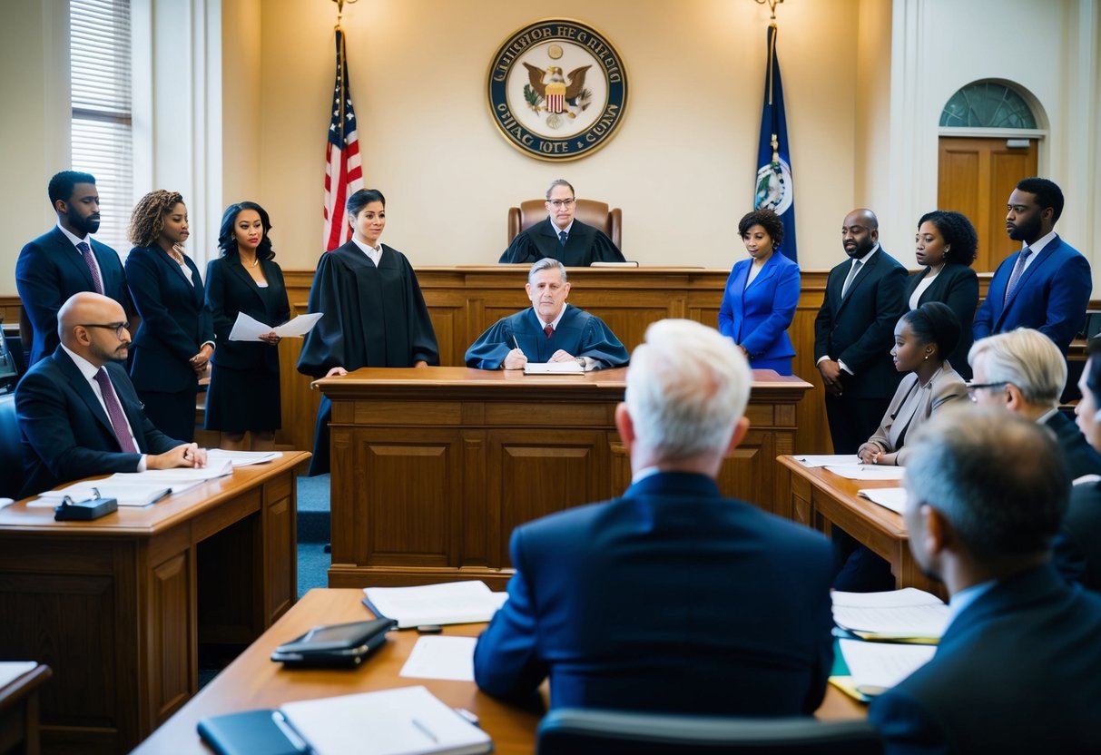 A courtroom scene with a judge presiding over a trial, lawyers presenting arguments, and a diverse group of individuals observing the proceedings