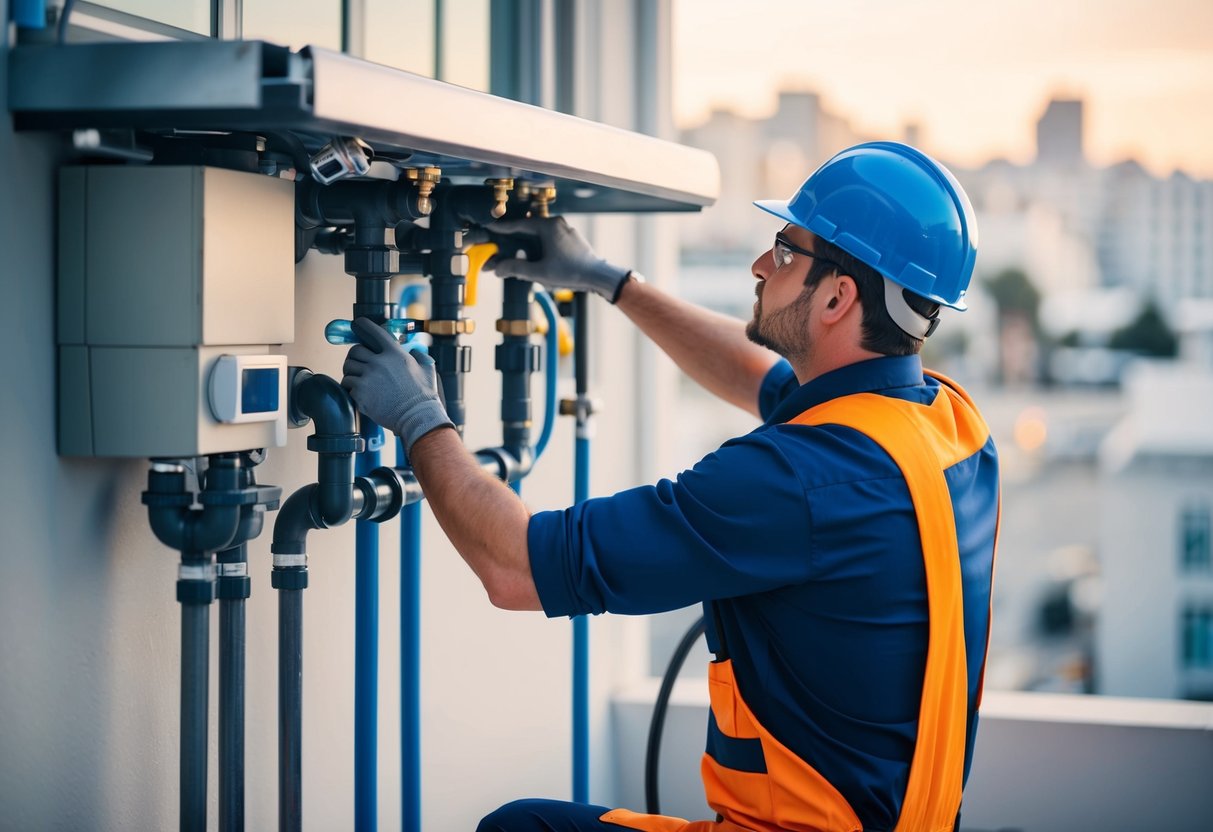 A plumber installing a new plumbing system in a San Francisco building, ensuring compliance with local regulations and standards