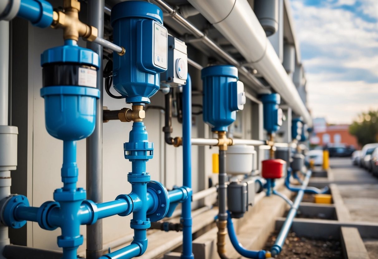 A busy commercial property with various plumbing fixtures and systems, including pipes, valves, and water meters, all interconnected and functioning efficiently