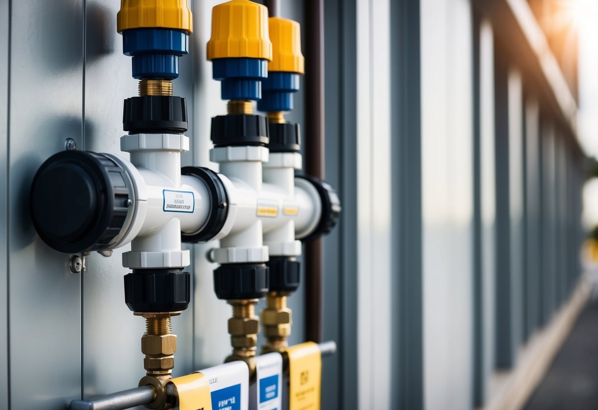 A commercial property with various plumbing fixtures installed and labeled for compliance