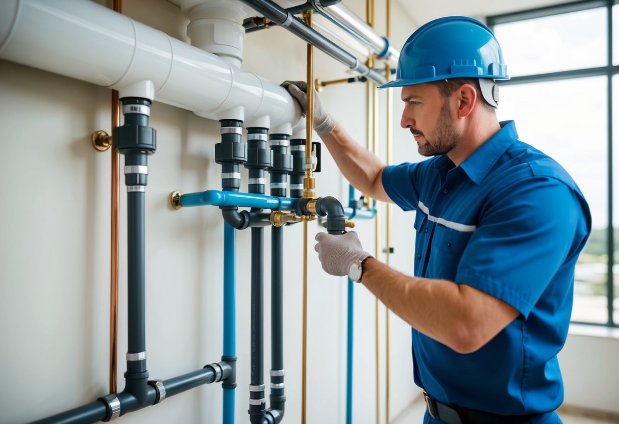 The Importance of Professional Plumbing System Installation: Ensuring Efficiency and Longevity 1 A professional plumber installing a complex plumbing system in a newly constructed building, carefully connecting pipes and fixtures with precision and expertise