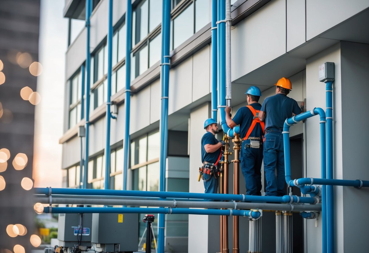 A commercial building with various plumbing fixtures and pipes being installed by workers