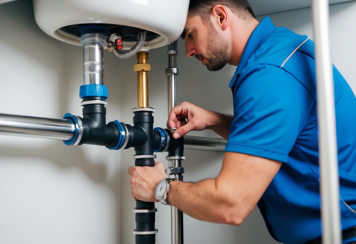 A plumber carefully aligns pipes and fittings, ensuring proper
