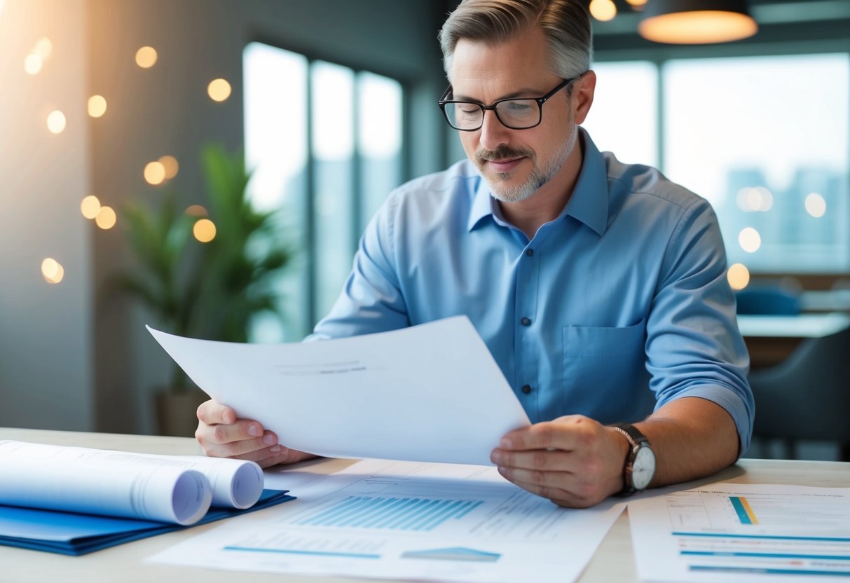 A business owner reviewing financial documents and blueprints for a plumbing system installation