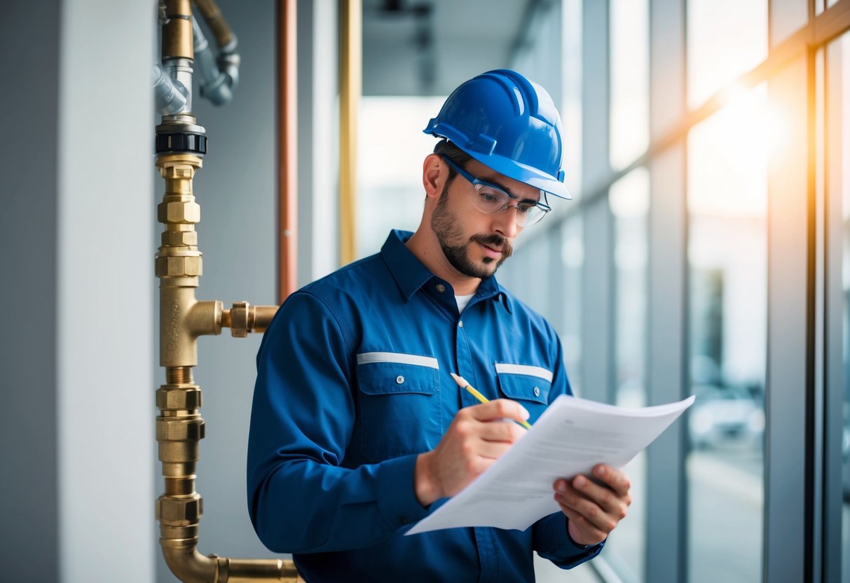 A plumber consulting legal documents and regulations while preparing to install a plumbing system in a commercial building