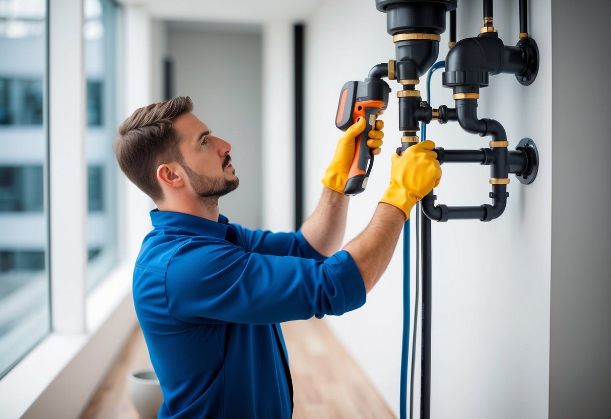 A plumber using high-tech tools to install smart plumbing system in a modern building