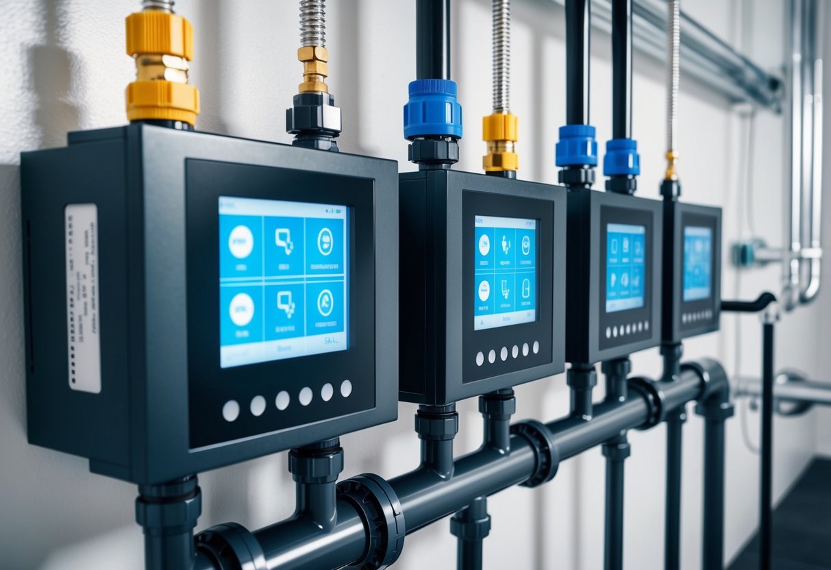 A modern plumbing system with various monitoring and maintenance technologies installed, including sensors, digital displays, and control panels