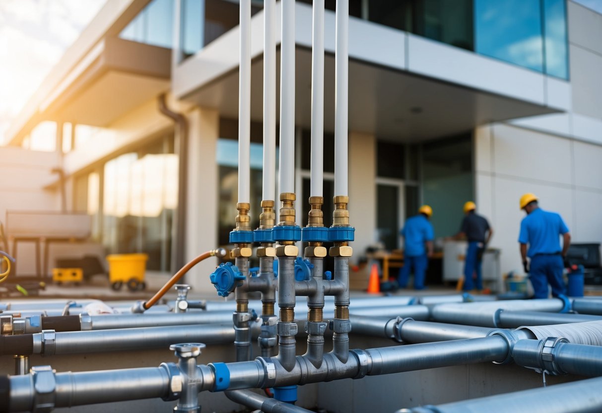 Cost Factors to Consider in Commercial Plumbing System Installation: Key Insights for Business Owners 1 A commercial building with a complex plumbing system being installed, including pipes, valves, and fixtures, with workers and equipment in the background