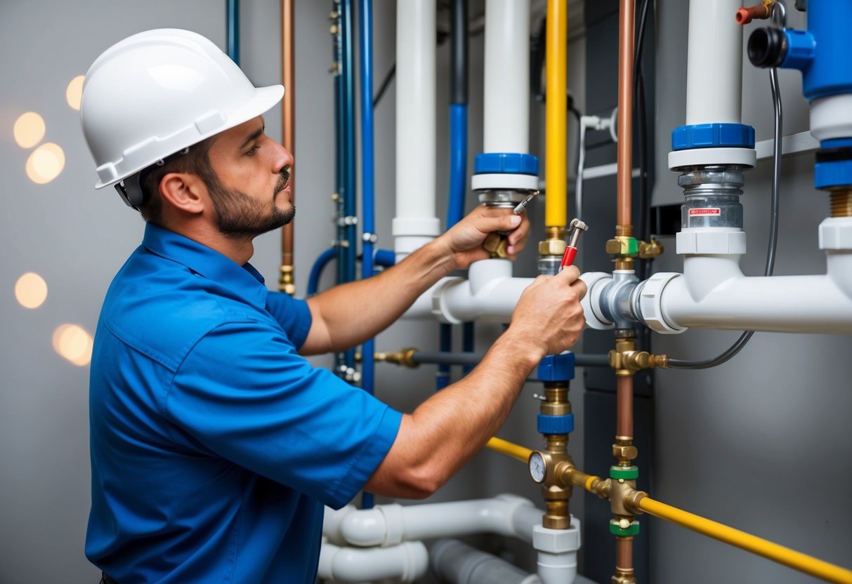 A plumber conducting a thorough inspection of commercial plumbing systems, checking pipes, fixtures, and water pressure for signs of wear or damage