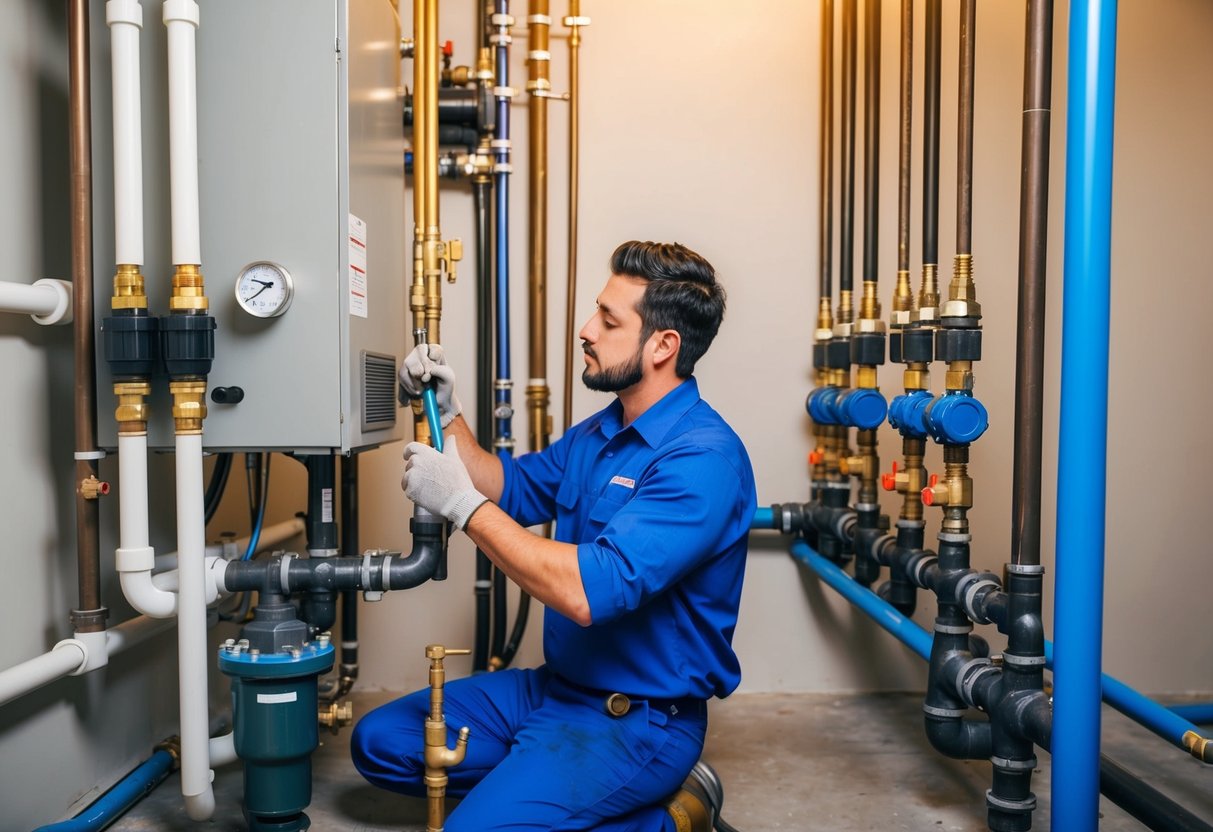 How to Choose a Reliable Commercial Plumber in San Francisco: Key Factors to Consider 1 A commercial plumber in San Francisco working on a large, industrial plumbing system, surrounded by pipes, valves, and various tools