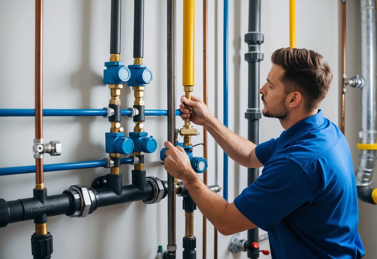 Common Plumbing Issues in Commercial Buildings: Prevention Tips 1 A plumber inspecting and fixing common issues in a commercial building's plumbing system, surrounded by pipes, valves, and tools
