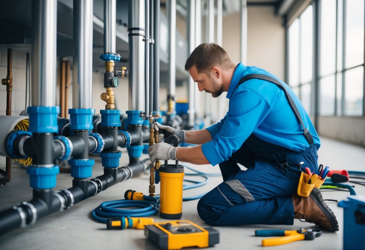 The Role of Preventive Maintenance in Commercial Plumbing: Ensuring System Efficiency and Longevity 1 A commercial plumber inspecting and maintaining pipes and fixtures in a large building. Tools and equipment are scattered around the work area