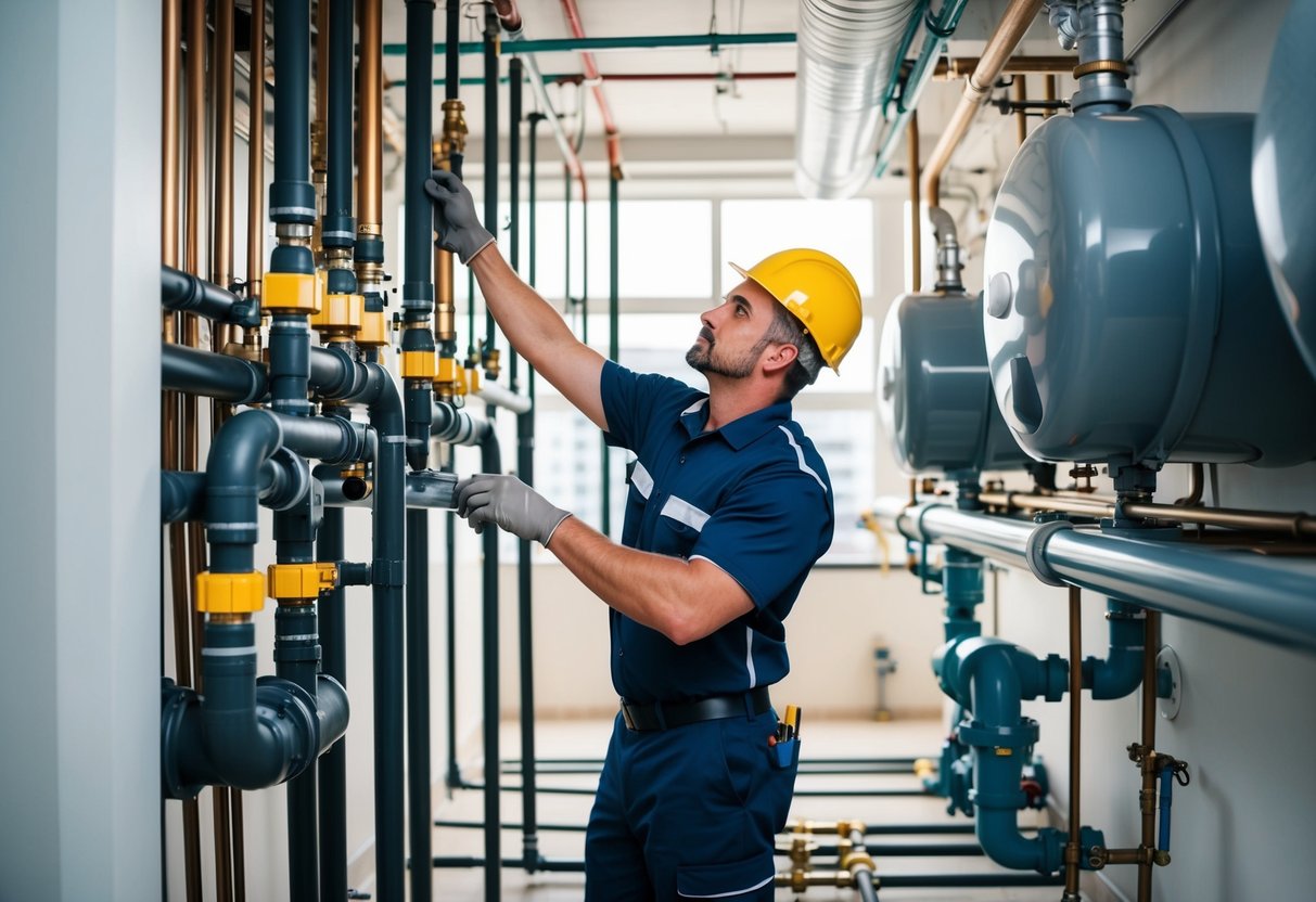 The Role of Preventive Maintenance in Commercial Plumbing: Ensuring System Efficiency and Longevity 2 A commercial plumber inspecting and maintaining a complex plumbing system in a large building, checking pipes, valves, and equipment for preventive maintenance