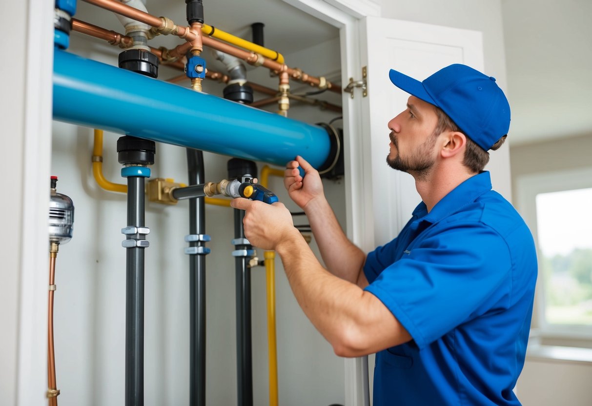 A plumber inspecting a home's plumbing system, checking pipes, fixtures, and connections for any signs of wear or damage