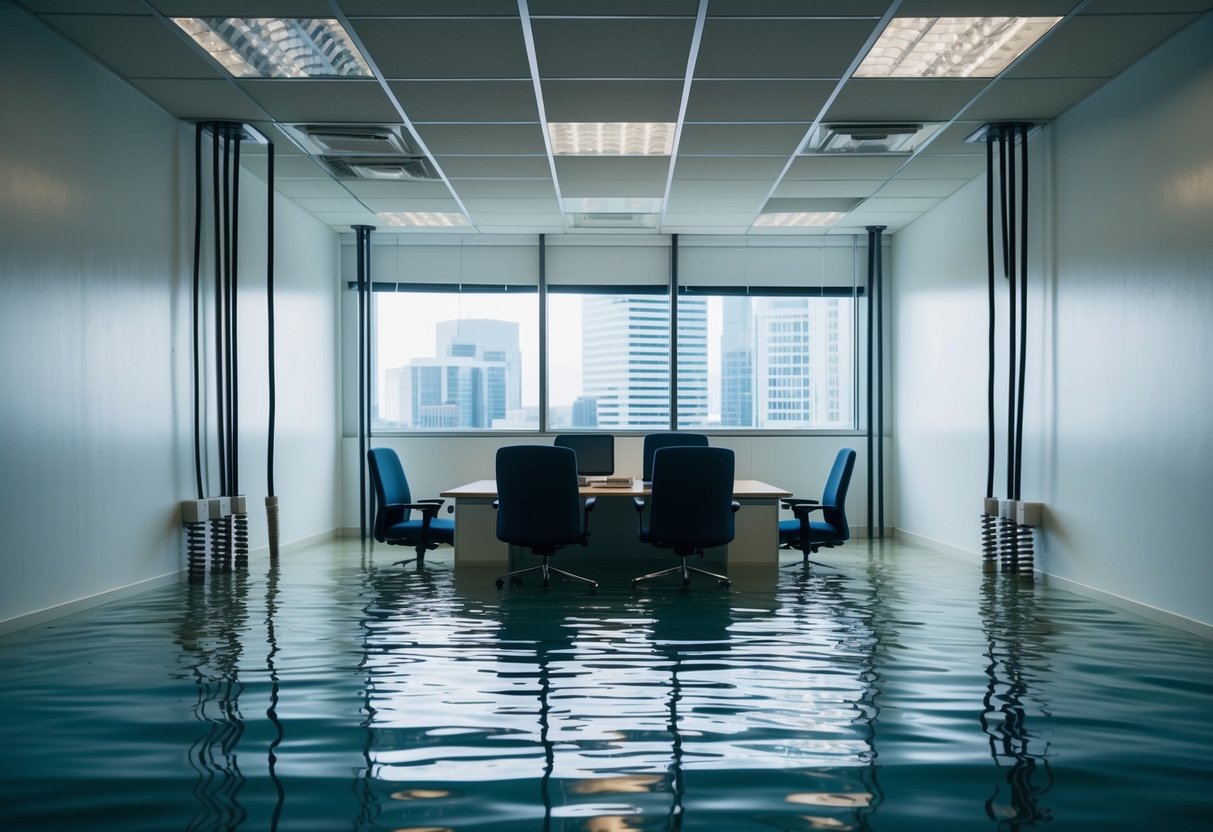 A flooded office with water leaking from burst pipes, causing electrical hazards and disrupting business operations