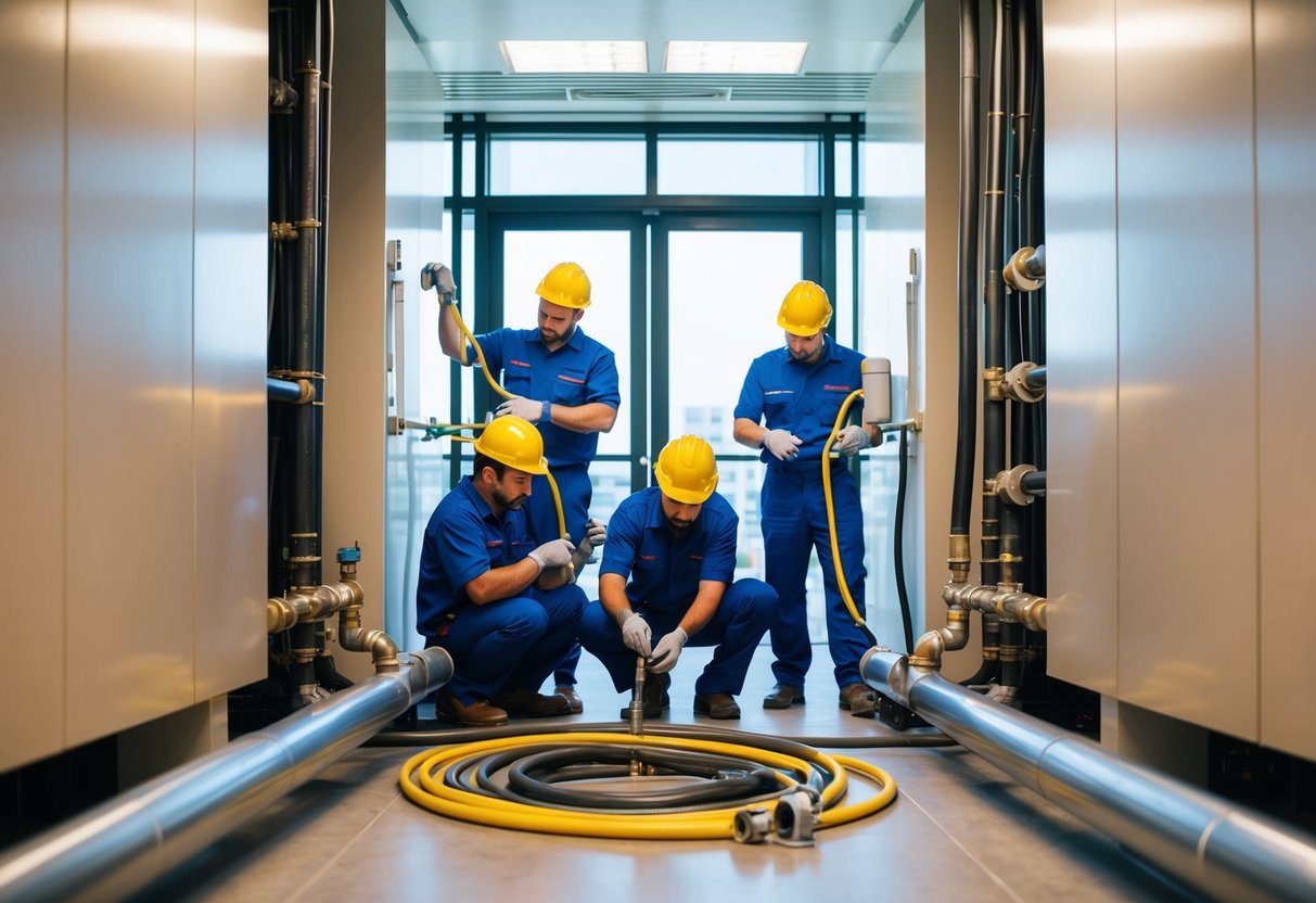 A bustling commercial building with a team of plumbers inspecting and repairing pipes, while others work smoothly inside
