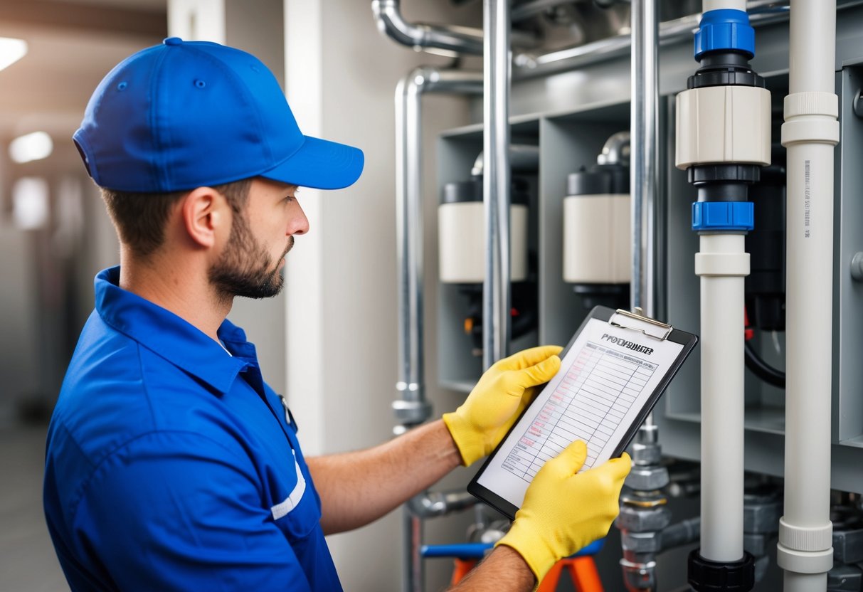 Checklist for Commercial Plumbing Inspections and Maintenance: Essential Tips and Guidelines 1 A plumber inspecting and evaluating commercial plumbing systems with checklist in hand