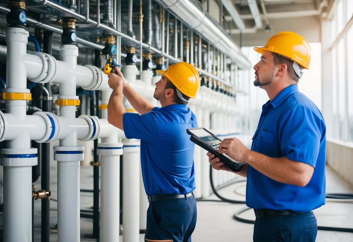 Checklist for Commercial Plumbing Inspections and Maintenance: Essential Tips and Guidelines 2 A commercial plumber inspecting and maintaining various plumbing systems in a large building, checking for leaks, corrosion, and other potential issues