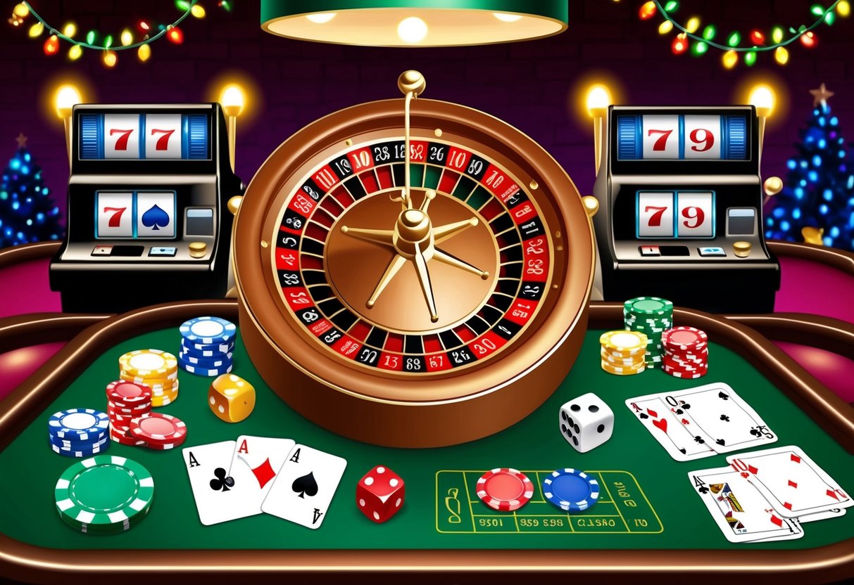 A festive casino table with a roulette wheel, poker chips, cards, dice, and slot machines. Bright lights and decorations add a festive touch.