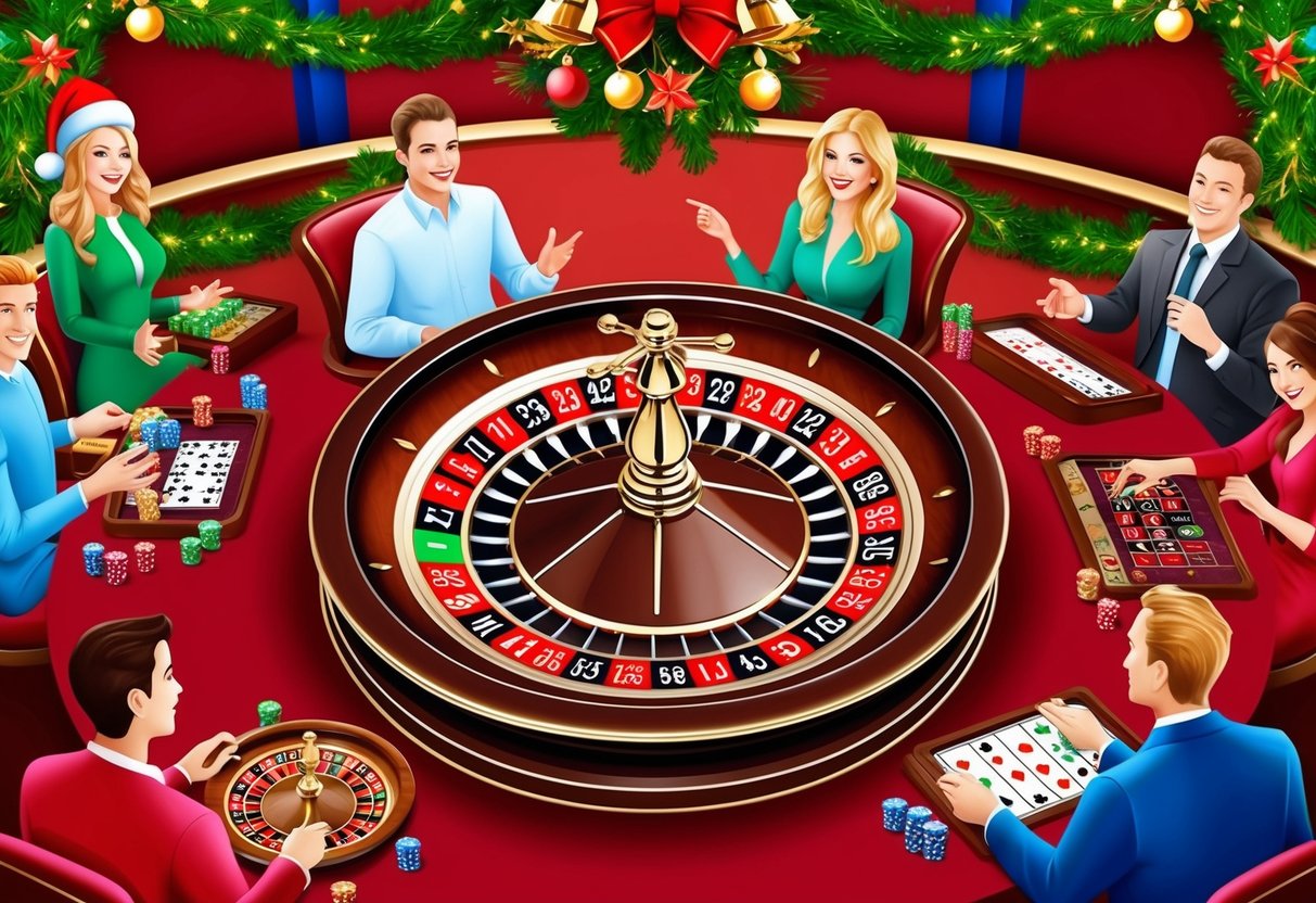 A festive casino scene with a roulette wheel surrounded by party decorations and players enjoying various games