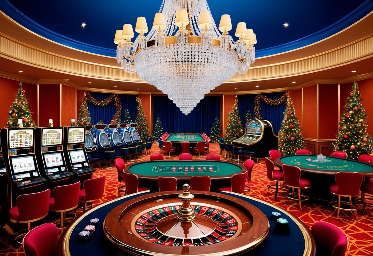 A festive casino setting with a large chandelier, a roulette wheel, a poker table, slot machines, and a baccarat table surrounded by festive decorations.