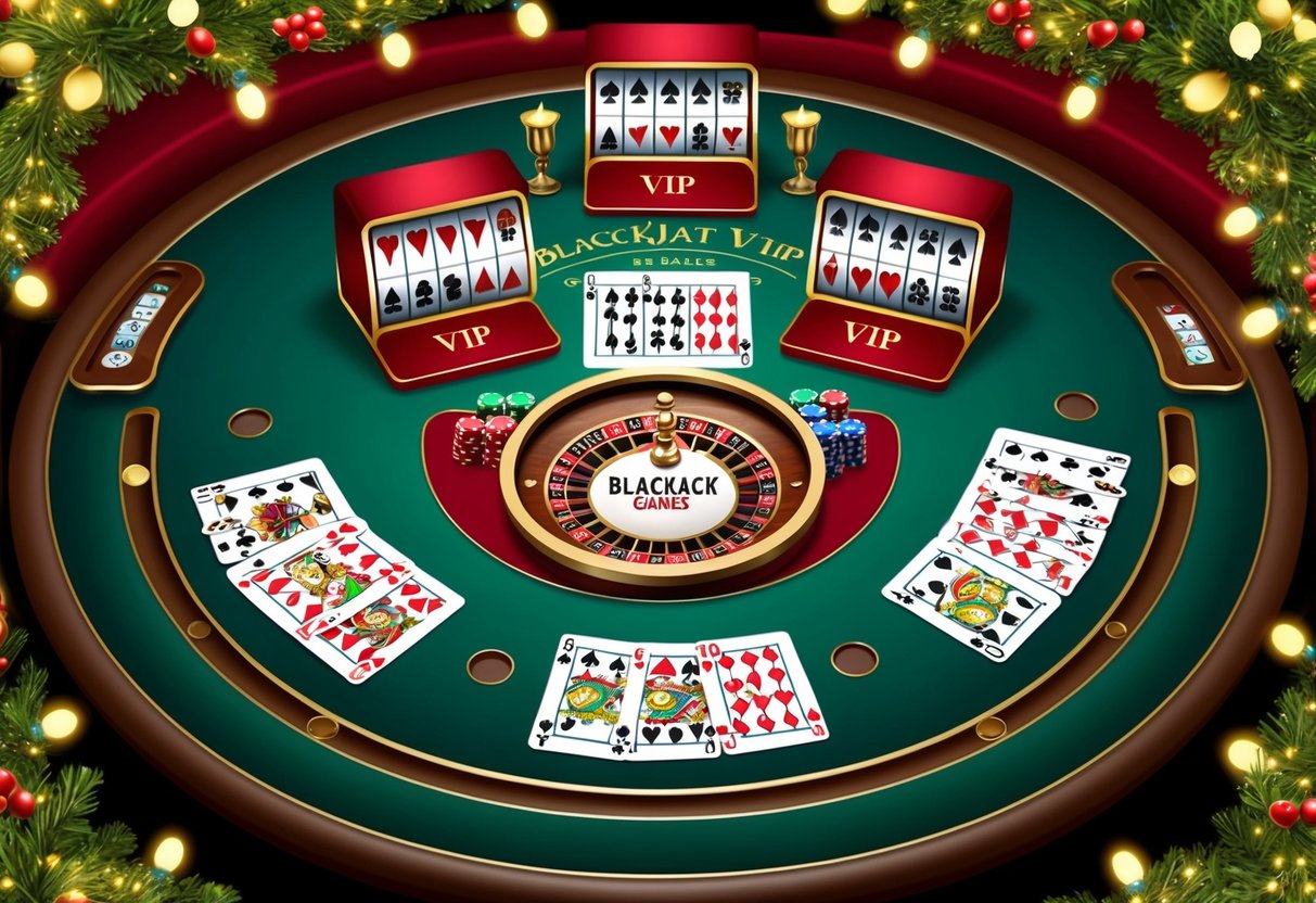 A festive casino table with five VIP Blackjack games surrounded by holiday decorations and twinkling lights