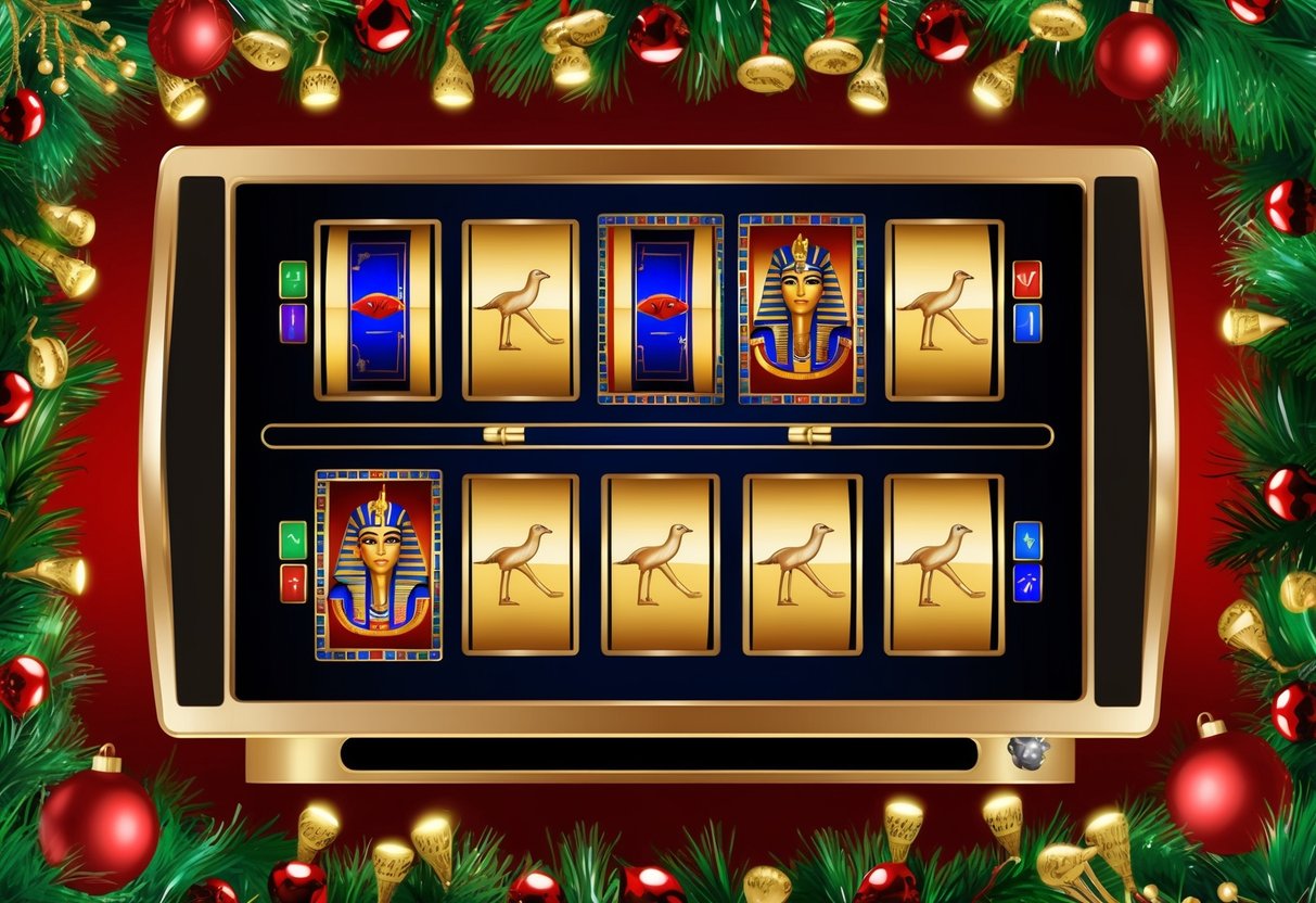 An Egyptian-themed slot machine surrounded by holiday decorations and festive lights