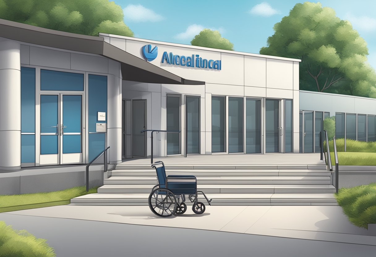 A wheelchair-accessible ramp leading to a medical clinic with a sign displaying the international symbol of access