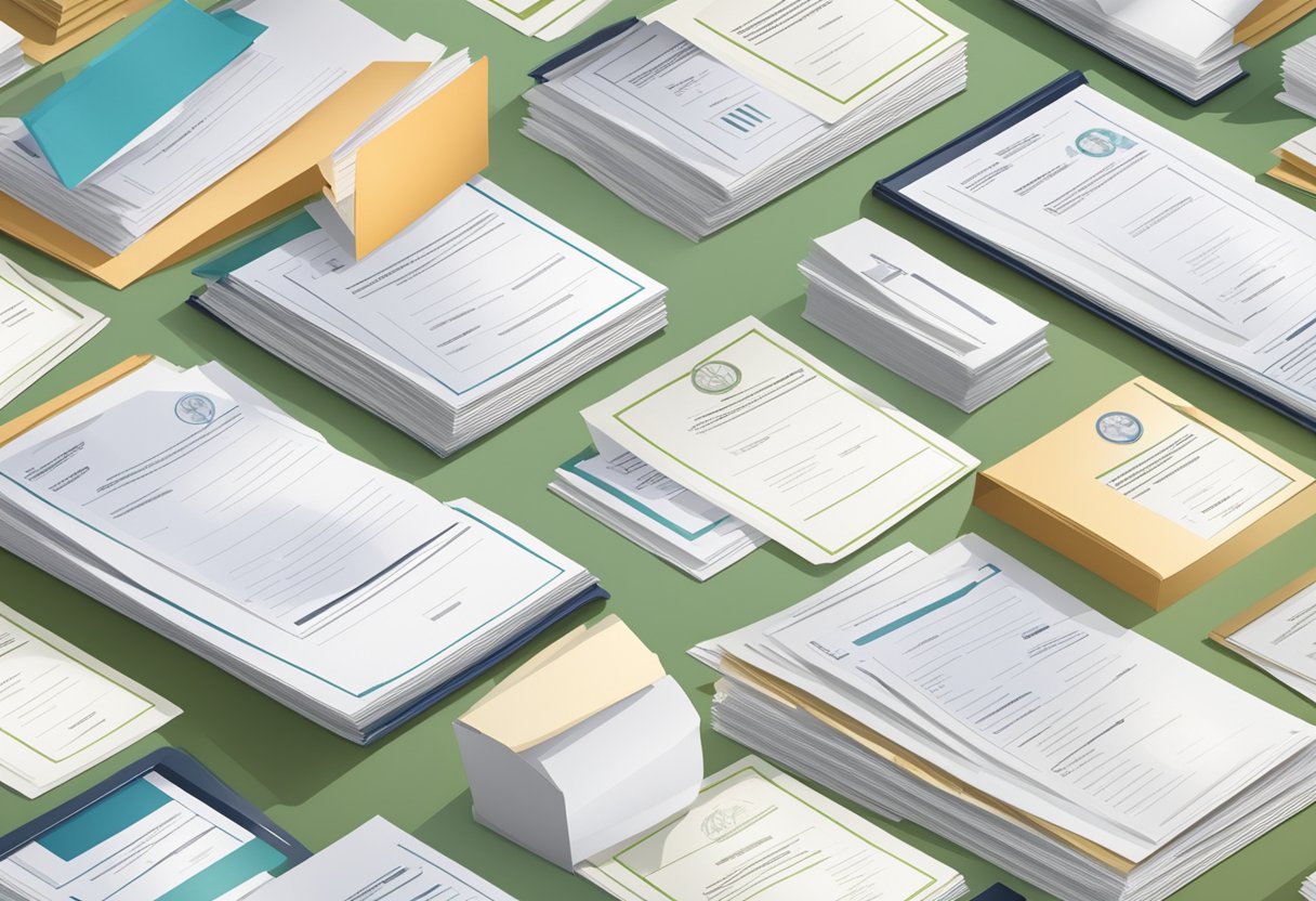 A stack of medical documents and certificates arranged on a desk