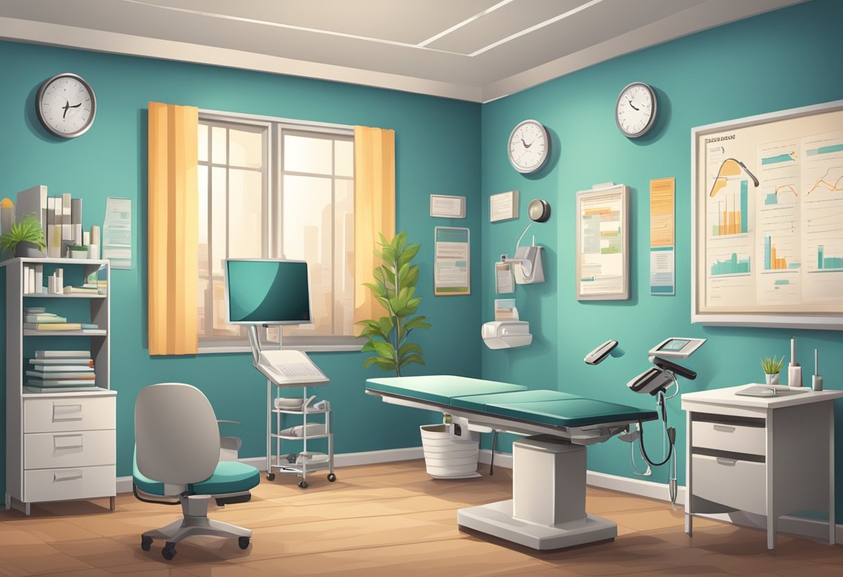 A doctor's office with medical equipment and charts on the wall