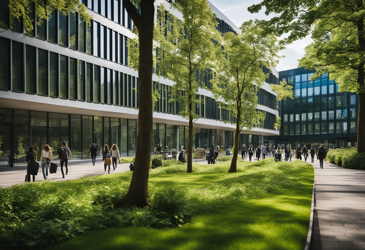 A bustling campus with modern buildings and green spaces, students engaged in learning and research, and a vibrant academic atmosphere at RWTH Aachen University in Germany