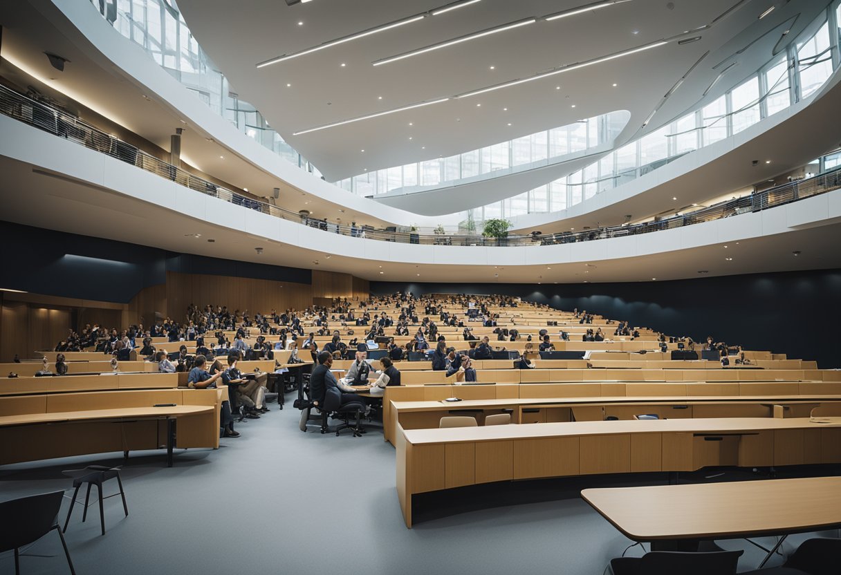 A bustling lecture hall at RWTH Aachen University, with students engaged in learning and discussion