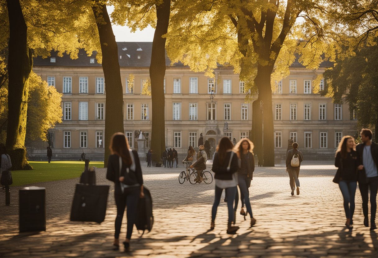 A vibrant campus scene at the University of Bonn, with students engaged in various academic activities and surrounded by the historic architecture of the city