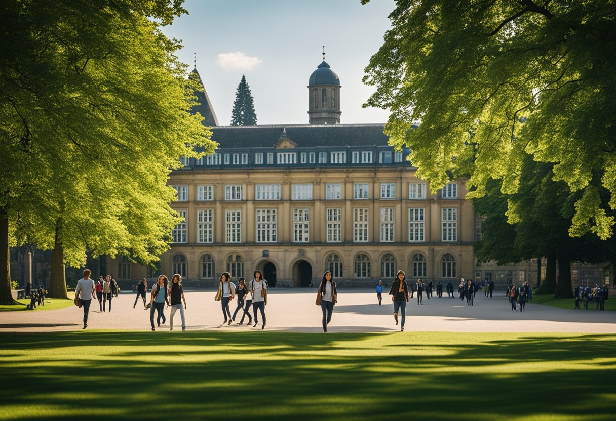 A bustling campus with students walking between historic buildings and modern facilities, surrounded by lush greenery and the iconic University of Bonn logo prominently displayed