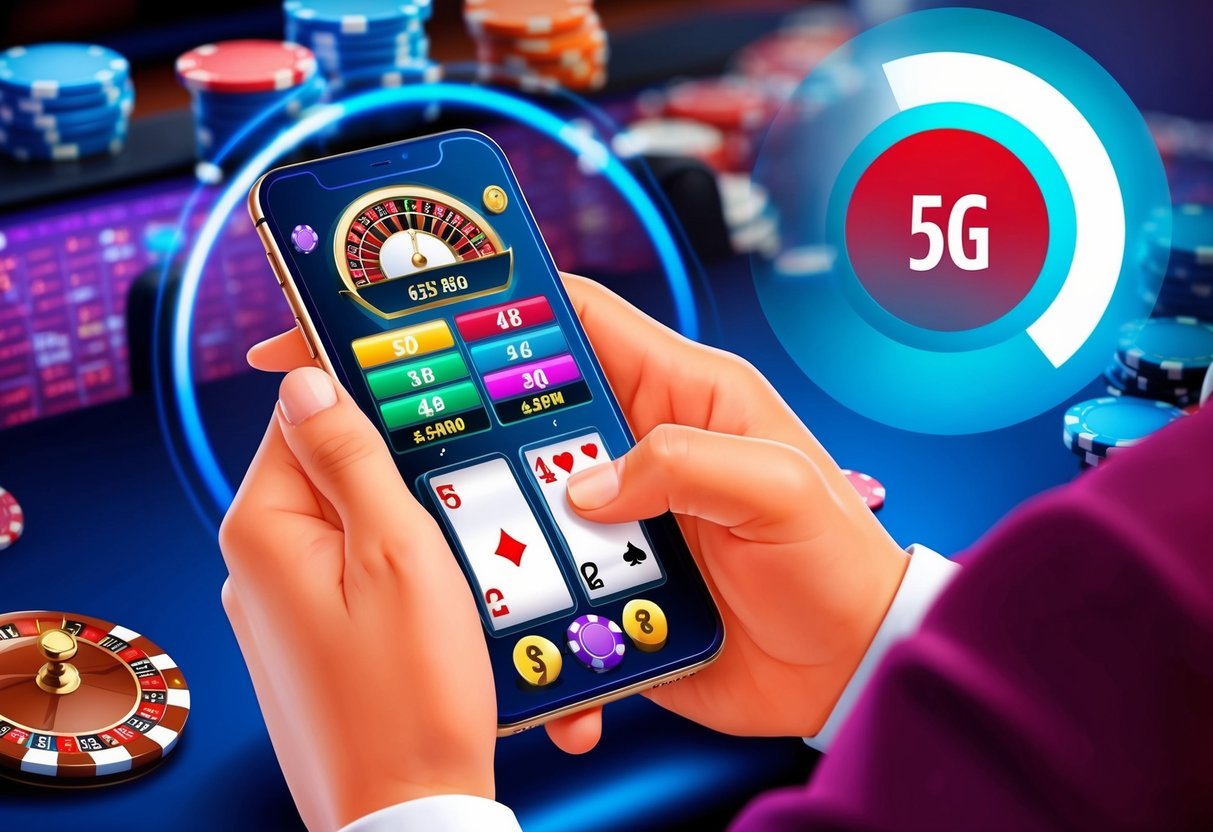 A person playing casino games on a mobile phone with a 5G signal