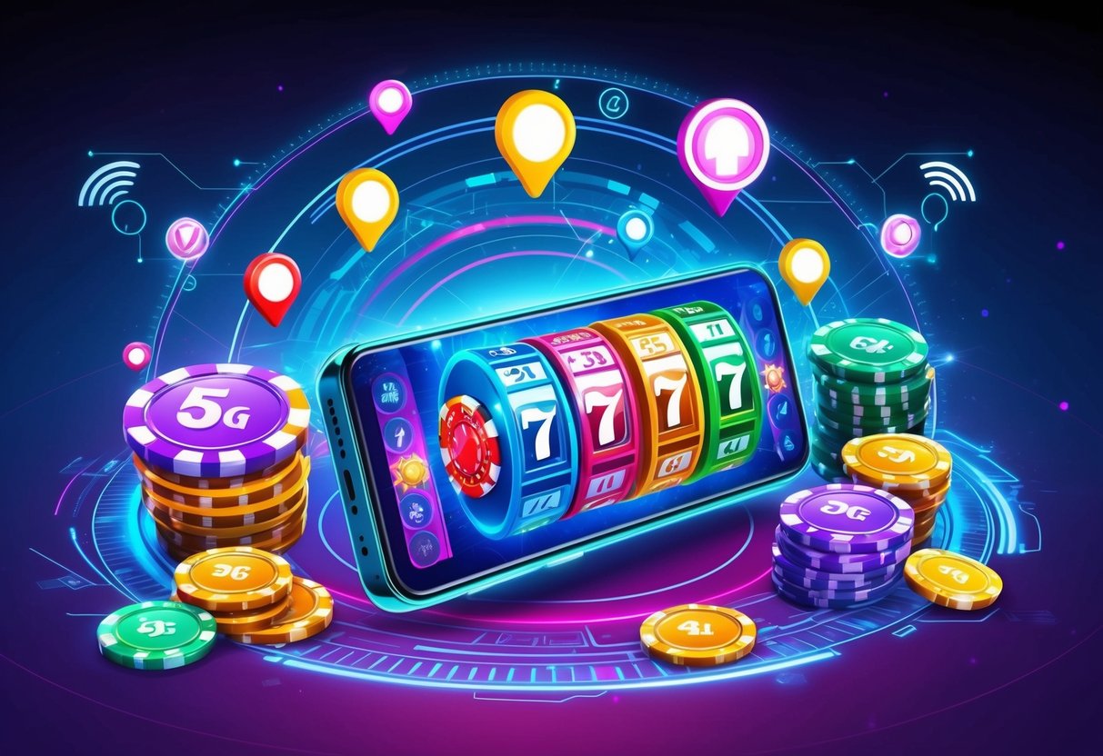 A colorful mobile casino-themed game, surrounded by futuristic 5G signals and technologies, with vibrant graphics and smooth gameplay.