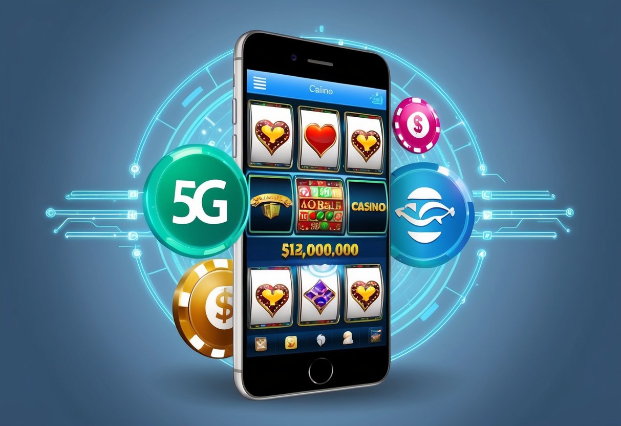 A mobile phone displaying casino games on its screen, surrounded by 5G high-technology signals and symbols representing unlimited connectivity.