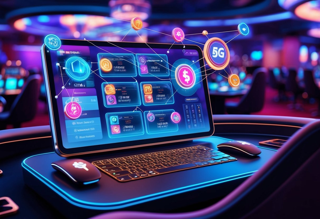 A futuristic casino scene with interconnected devices and mobile games, highlighting the impact of 5G technology on online gambling.