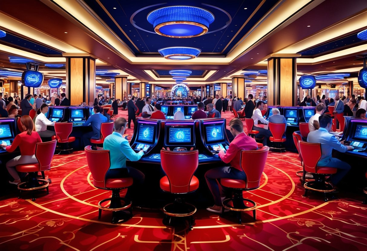 An animated casino floor with players using mobile devices, enjoying smooth 5G connectivity for an optimal gaming experience.