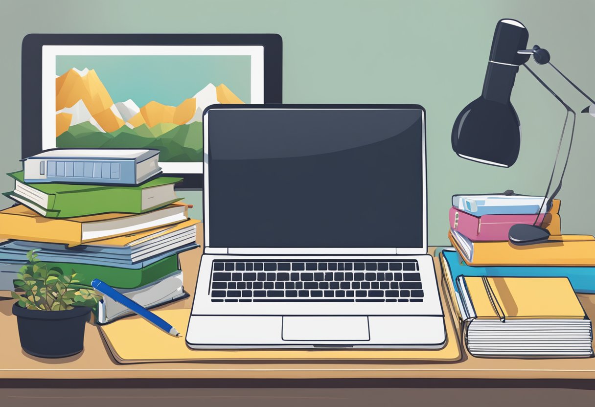 A student's desk cluttered with textbooks, a laptop, and school supplies. A calendar on the wall marks the start of the semester