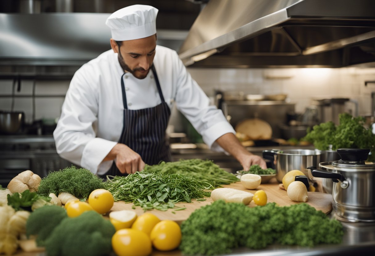 Uma cozinha liguriana movimentada, cheia de ervas frescas, azeite de oliva e produtos vibrantes. Um chef prepara com maestria pesto e focaccia usando técnicas tradicionais.