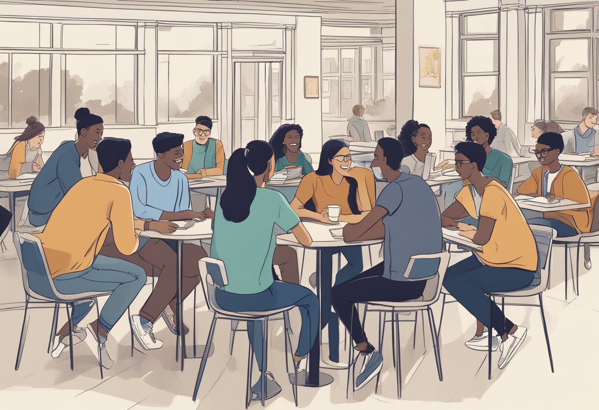 A group of students engage in lively discussions at a campus cafe, surrounded by textbooks and laptops. Laughter and animated gestures fill the air as they navigate the social aspects of transitioning to university life