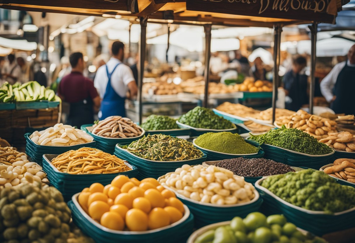 Uma cena de mercado vibrante na Ligúria, Itália, exibindo uma variedade de pratos tradicionais ligures, desde frutos do mar recém-capturados até pesto aromático e focaccia dourada.